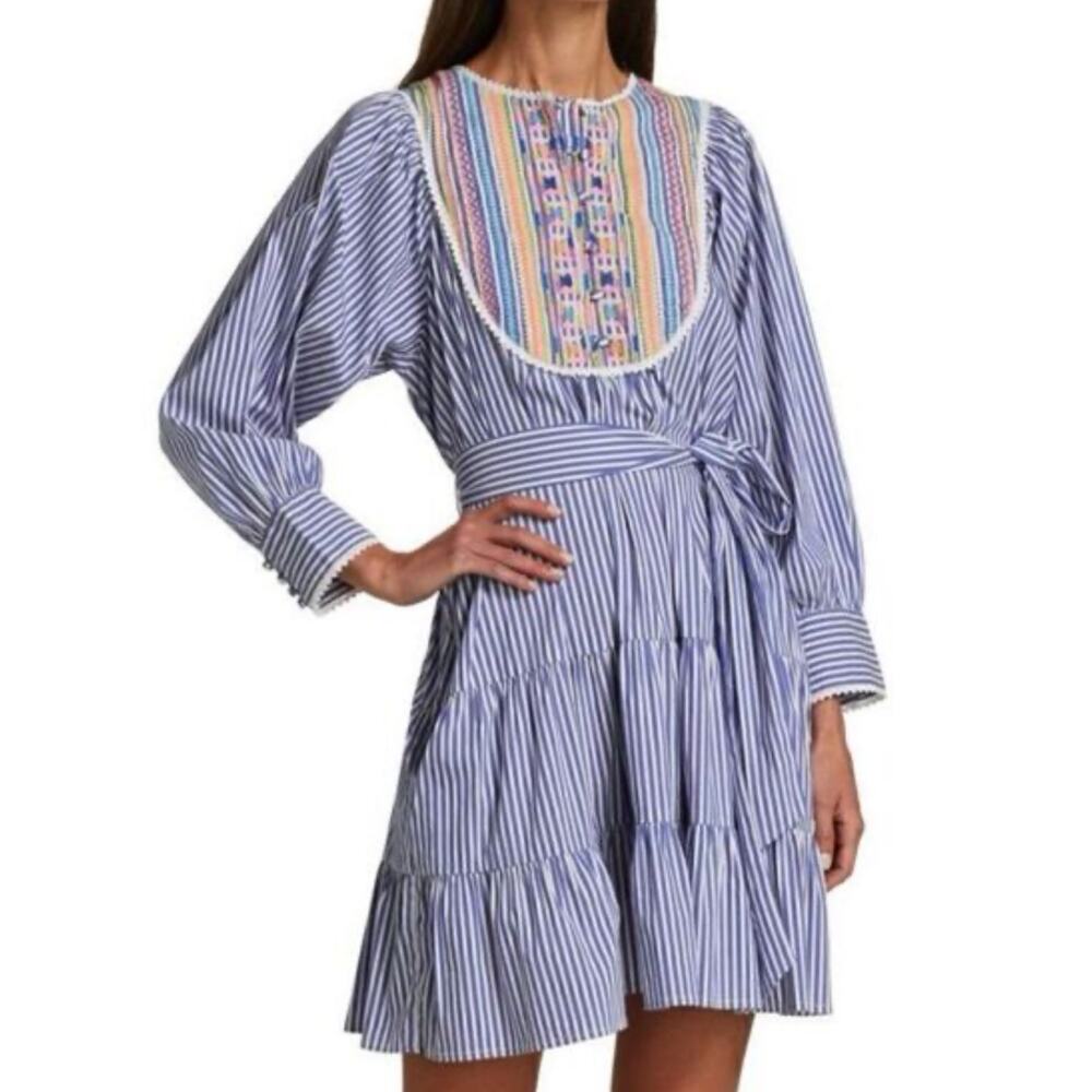 Tanya Taylor Elaia Striped Cotton Embroidered Bib Tiered Mini Dress S $465